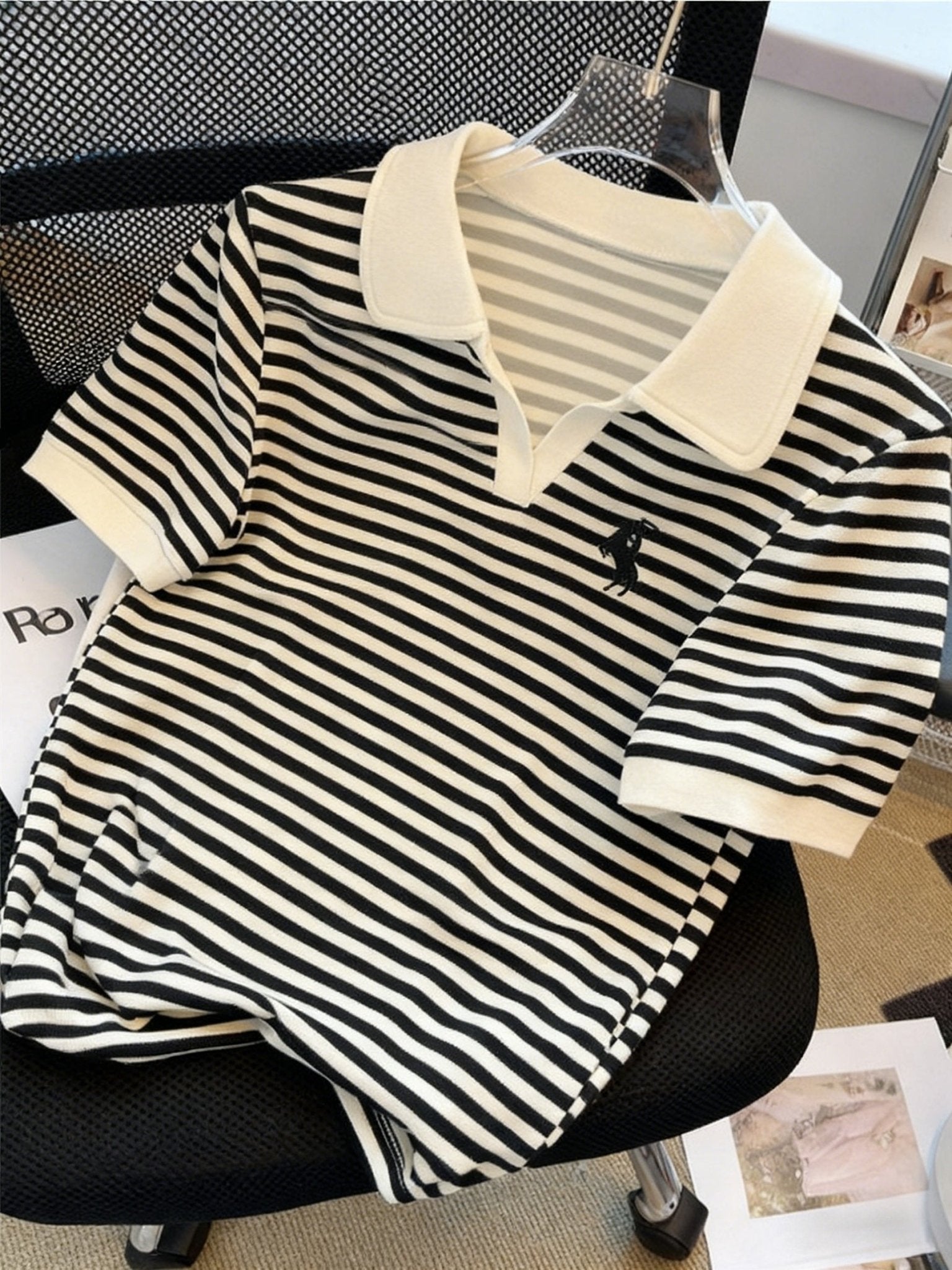 Knight Stripe Embroidered Women's Neck Short Sleeve T-Shirt, Stylish Stripe Contrast Color Versatile Casual Summer Top, Machine Washable All - Season Comfort Fit - veyora