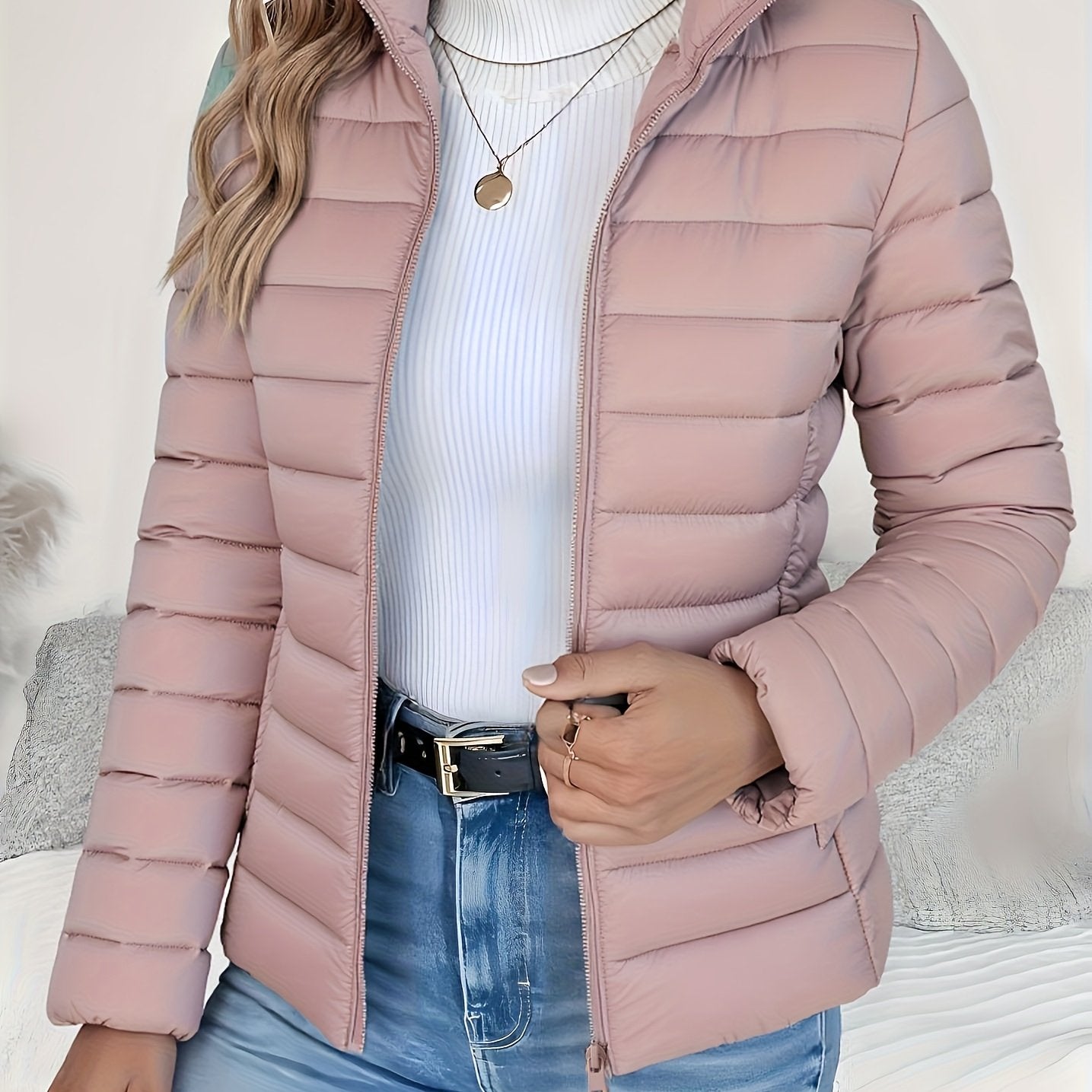 Women's Spring Slim - Fit Lightweight Warm Solid Color Jacket - Elegant Fashion Versatile Beautiful Coat - Stand Collar Zipper Long Sleeve - Casual Padded Polyester Short Coat - Winter Clothing - veyora