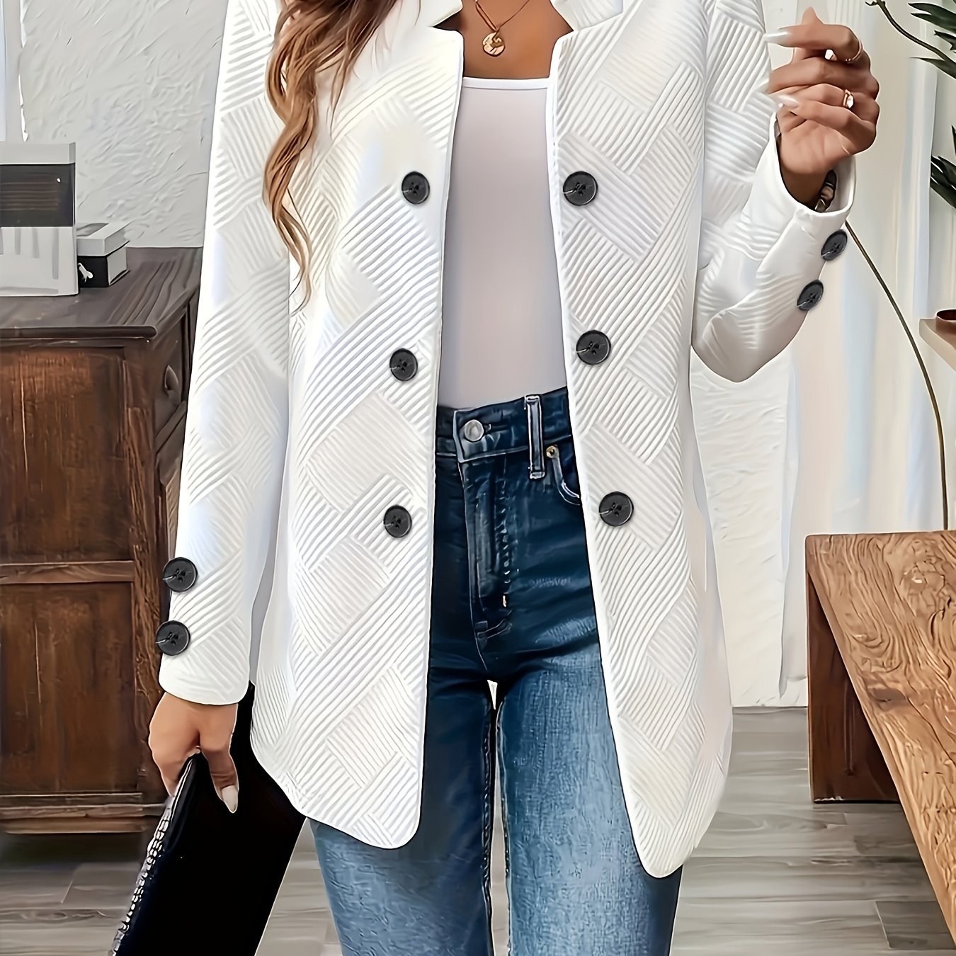 New Fashionable Solid Color Textured Double - button Decorative Pocket Long - sleeve Coat - veyora