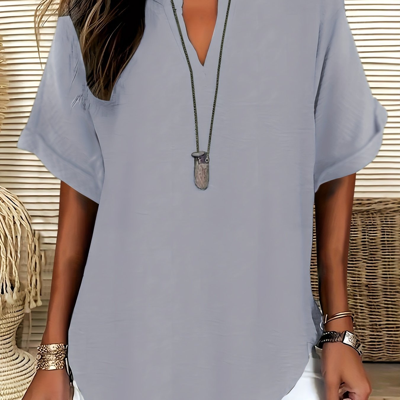 Women's V - neck Drop Shoulder Sleeves Solid Color Loose Short Sleeve Shirt Top - veyora