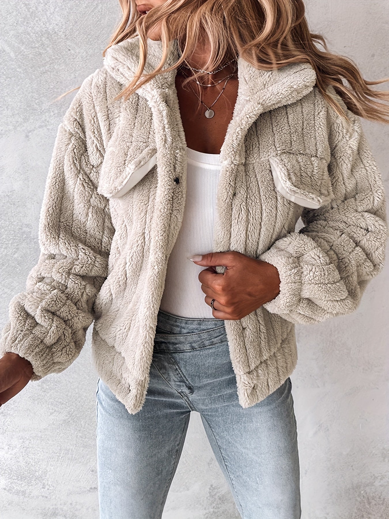 Women's Plush Casual Jacket - Soft Pink Winter Coat with Stand - Up Collar & Button Front, Machine Washable Fall/Winter Outerwear for Everyday Comfort, Buttonup Front, Cozy Fabric - veyora