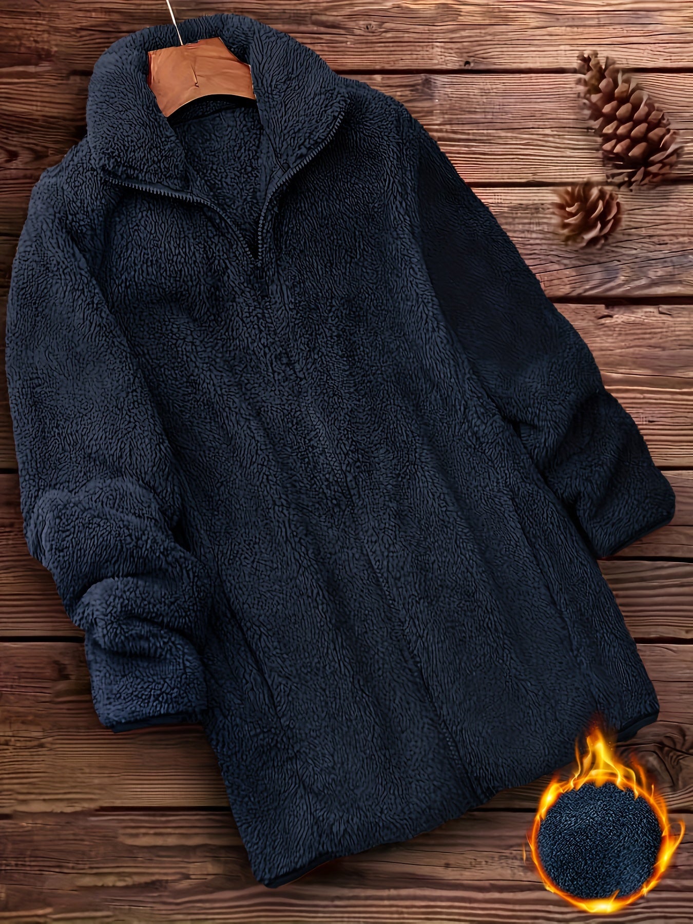 Zip Up Solid Teddy Coat, Casual Long Sleeve Winter Outerwear, Women's Clothing - veyora
