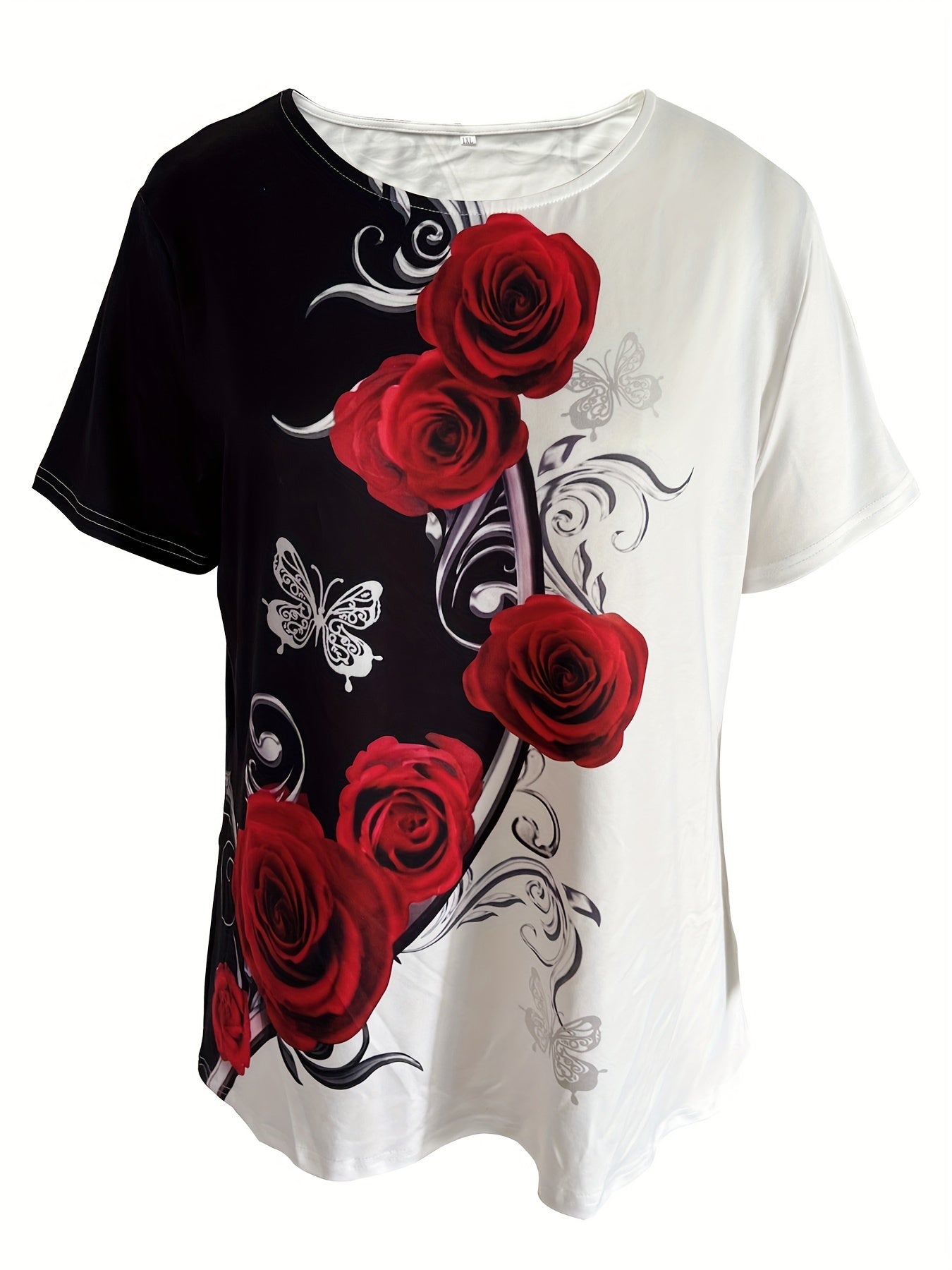 Rose Print Color Block T-shirt, Casual Crew Neck Short Sleeve T-shirt, Women's Clothing - veyora