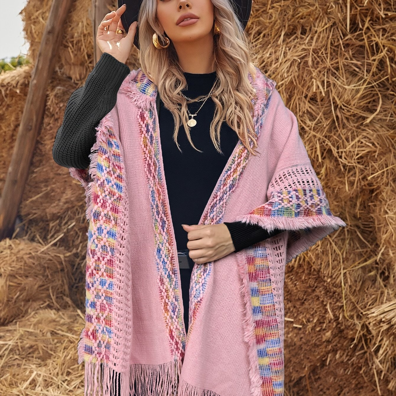 Elegant Fabric Comfortable High - Elastic Soft Hooded Yellow Fringe Cape for Chinese New Year - veyora