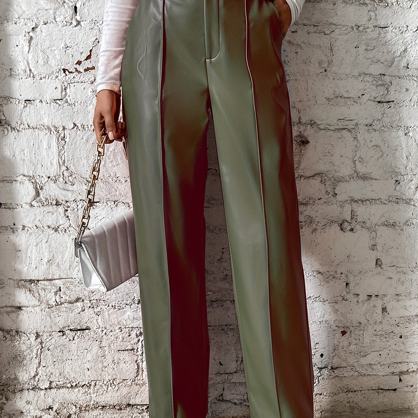 Women'S PU Faux Leather Straight - Leg Pants Featuring a Center Crease on The Front of The Legs, a Button Closure at The Waist, And a Zipper Fly, Combining Casual And Sexy Styles - veyora