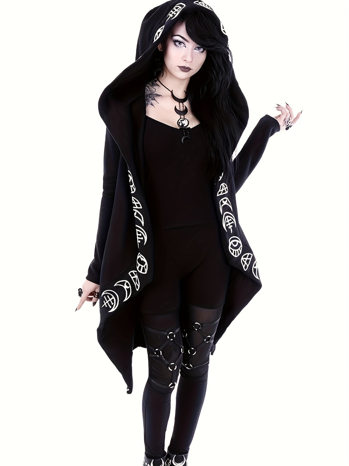 Women'S Hooded Cardigan with Witchcraft Pattern, Gothic Style, Long Sleeves with Hood - veyora