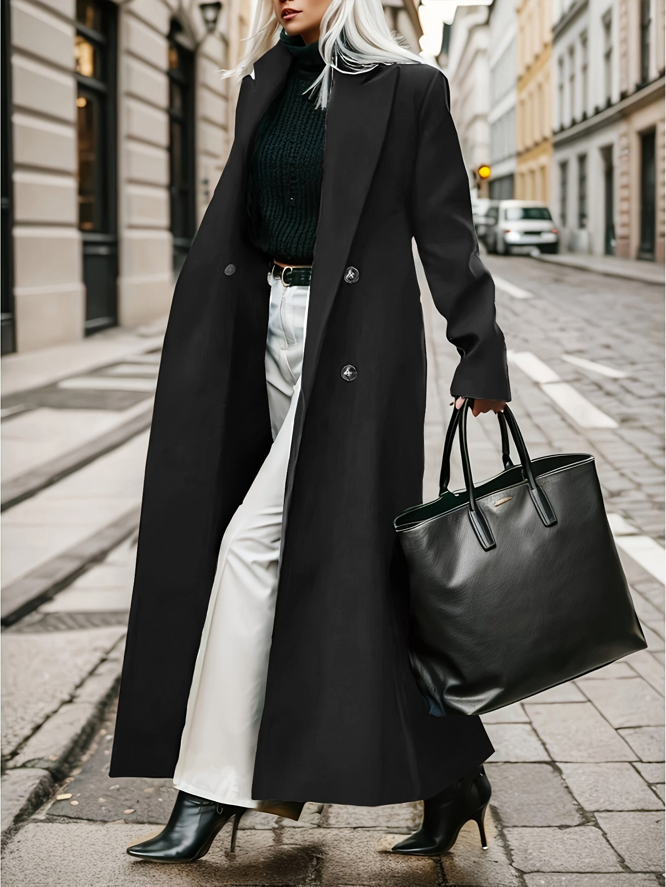 [Double-Breasted] Women's Long Coat - Chic Green Double-Breasted Trench with Large Buttons, Long Sleeves, and Side Pockets - Elegant Style for Fall/Winter Fashion