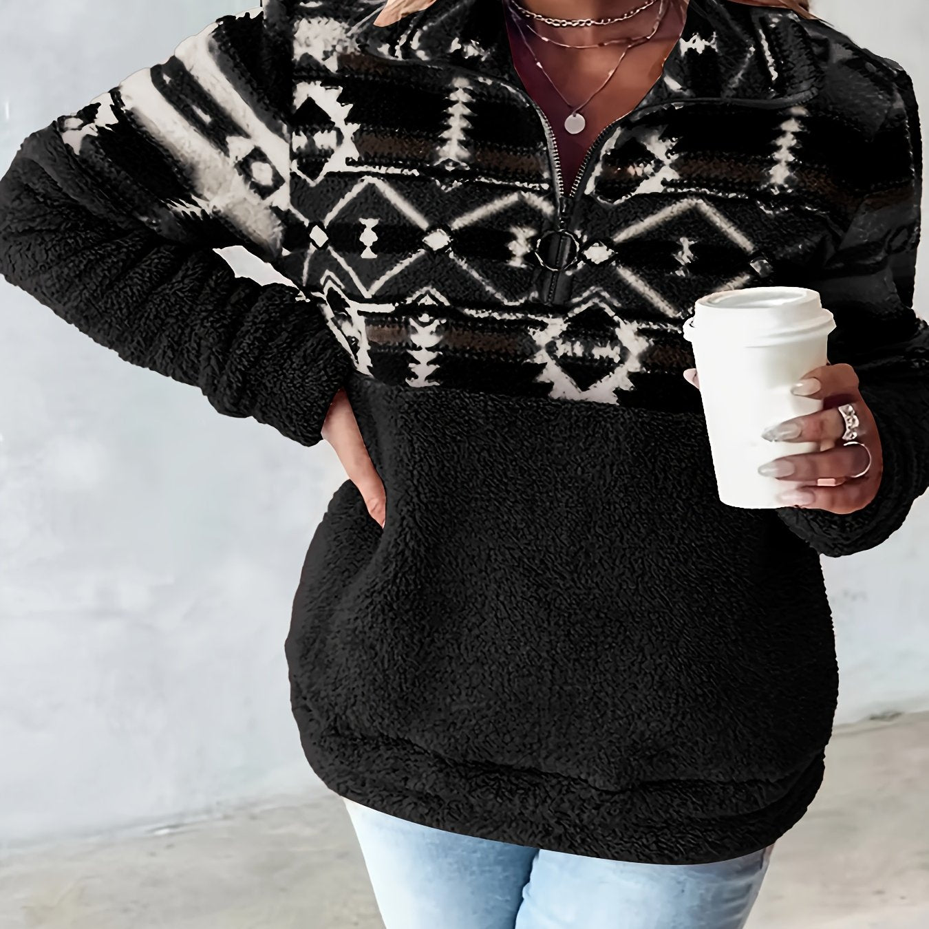 Geo Pattern Half Zipper Teddy Sweatshirt, Casual Long Sleeve Sweatshirt For Fall & Winter, Women's Clothing - veyora