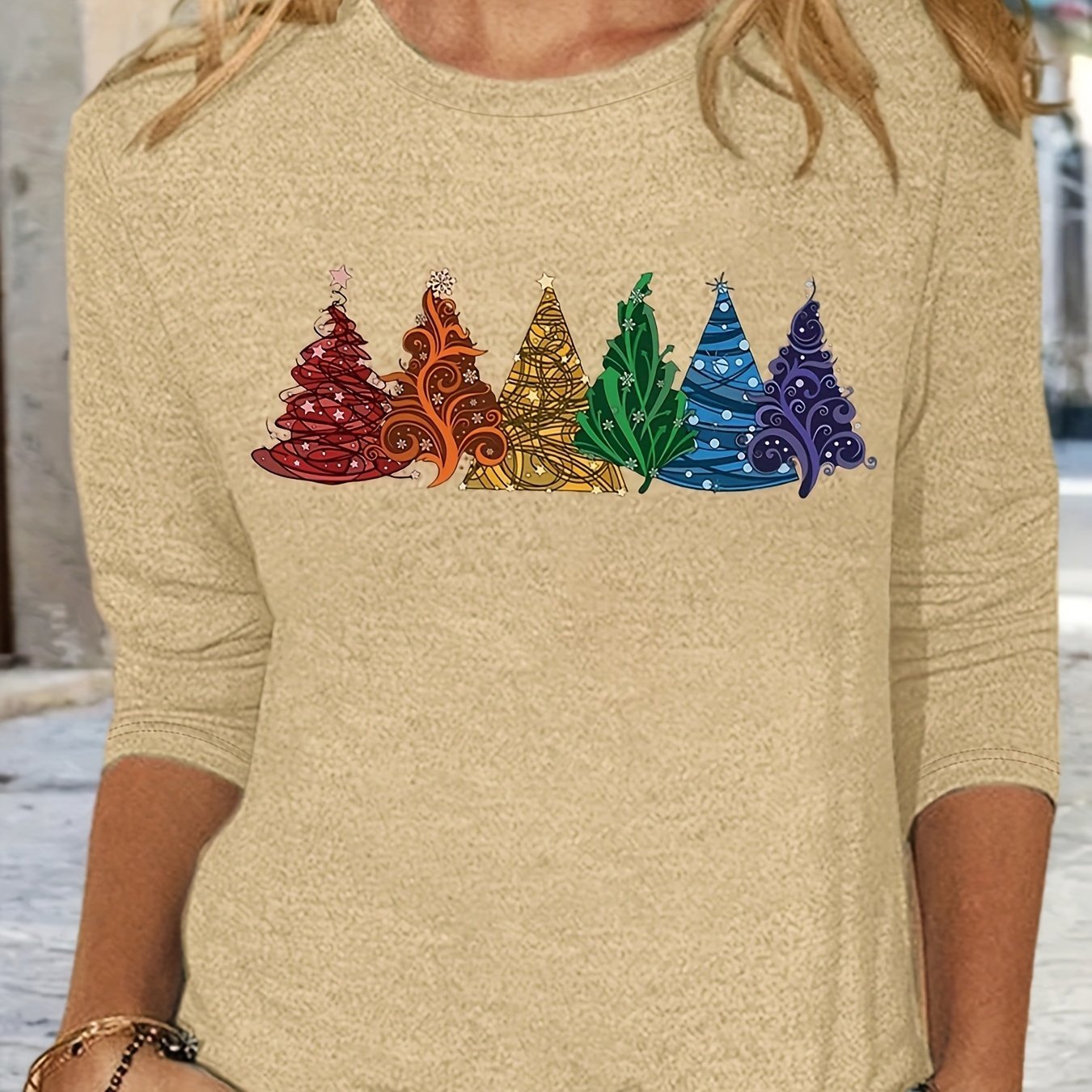 Christmas Spring/Autumn New Arrival Positioning Print Crew Neck Long Sleeve Loose Fit Base Layer T-Shirt, Machine Washable - Suitable for Spring/Autumn Daily Wear and Home Use - veyora