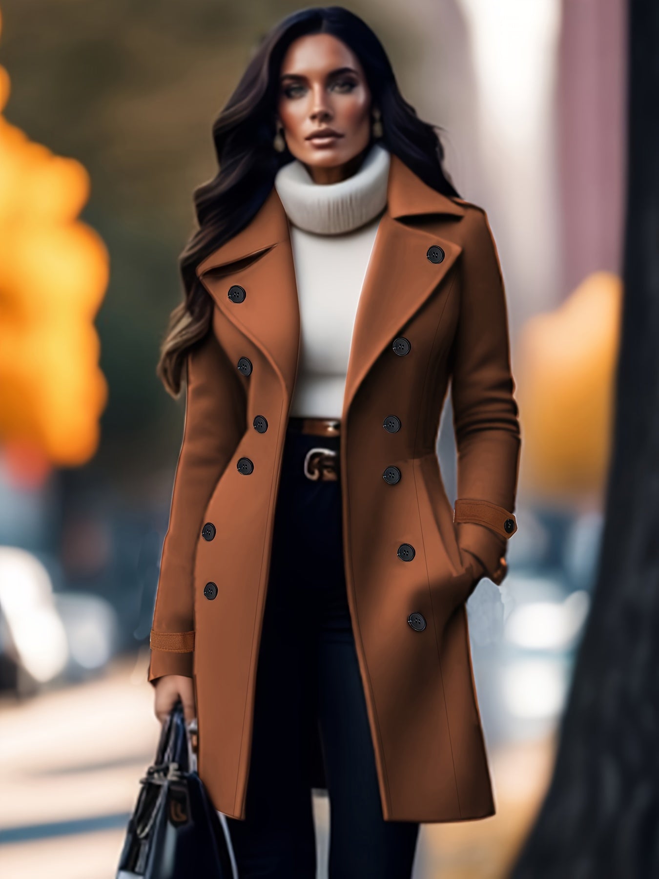 Elegant Solid Color Double - Breasted Overcoat for Women - Polyester, Machine Washable, Non - Stretch Fabric - Perfect for Fall/Winter - veyora