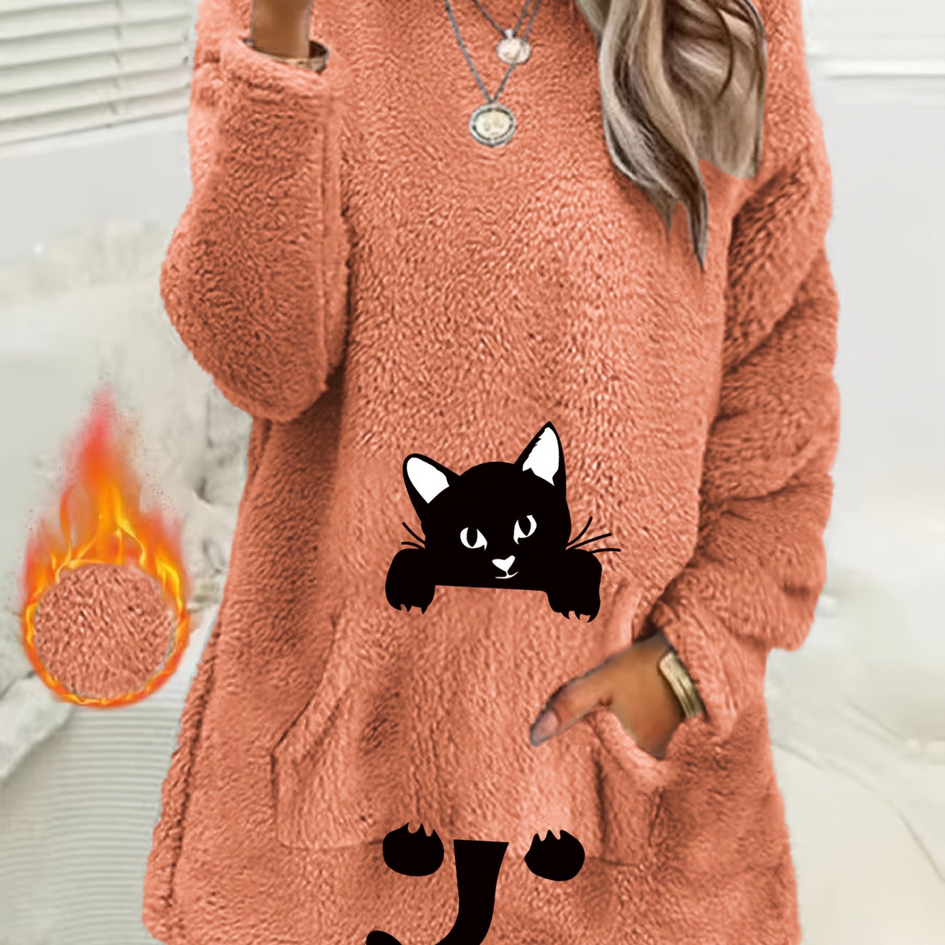 Women's Geometric Print Fleece Pullover Sweatshirt - Soft Long Sleeve Round Neck with Pockets, Machine Washable Casual Winter Wear, Elegant Regular Fit for All Seasons, Cute Sweatshirts, Allseason Apparel, Comfortable Pockets - veyora
