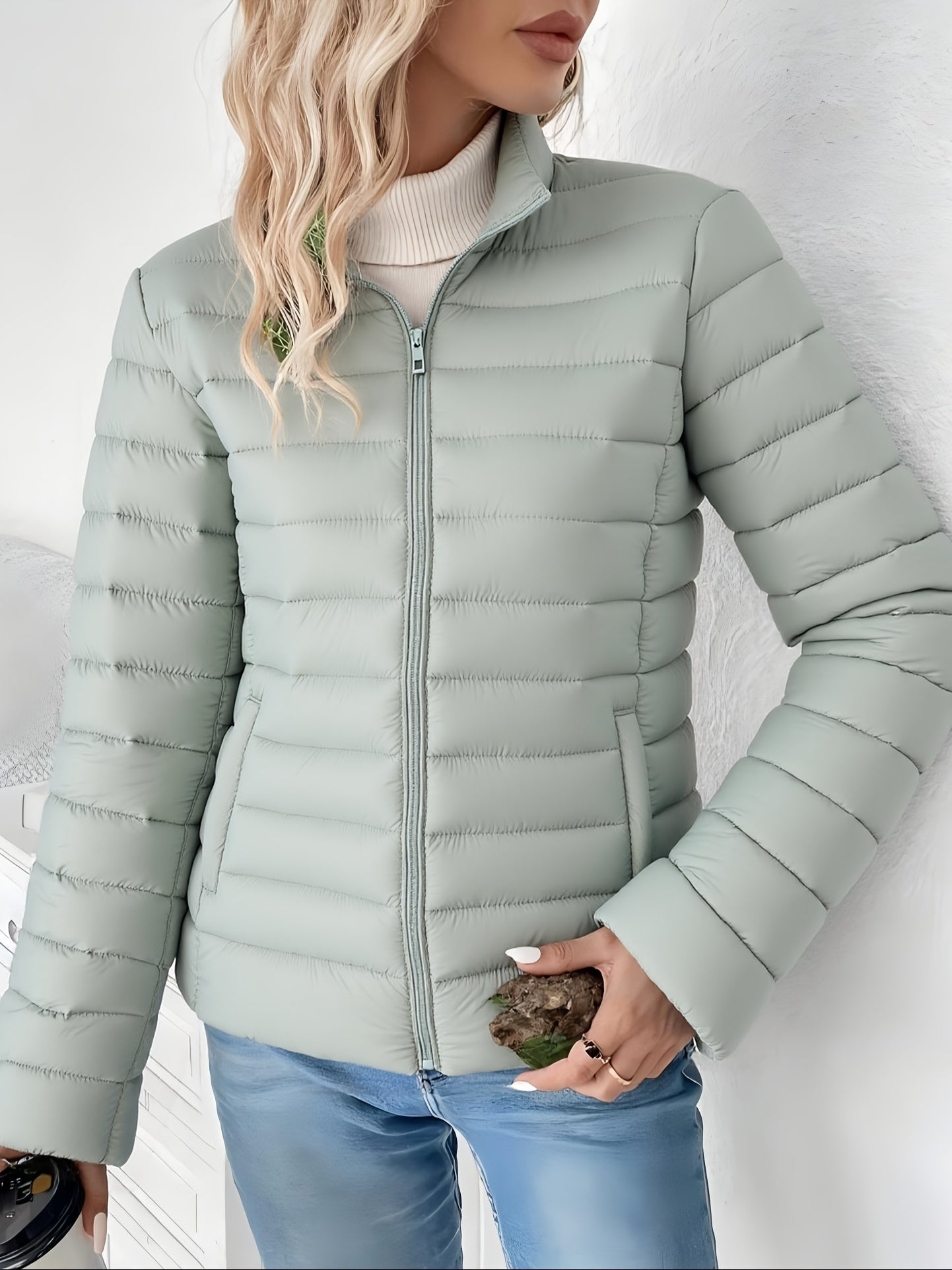 Women's Spring Slim - Fit Lightweight Warm Solid Color Jacket - Elegant Fashion Versatile Beautiful Coat - Stand Collar Zipper Long Sleeve - Casual Padded Polyester Short Coat - Winter Clothing - veyora