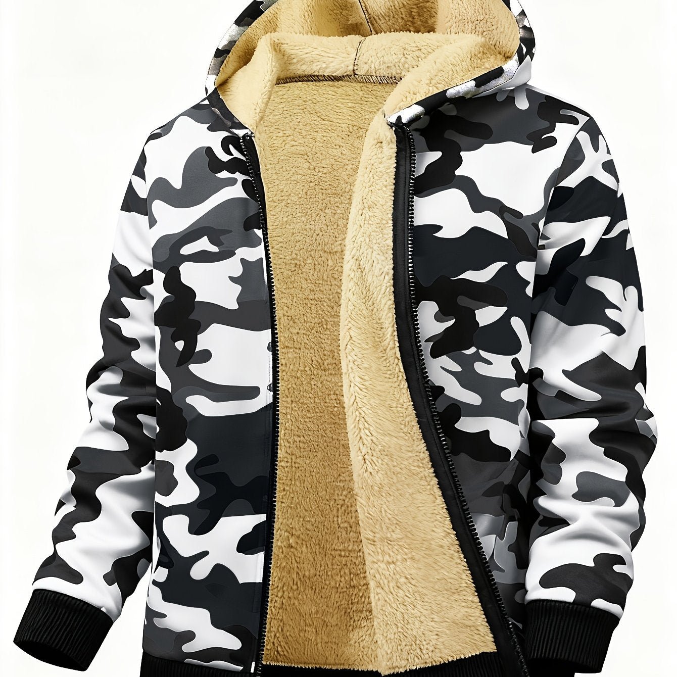 Men's Casual Zip - Up Hooded Jacket with Letter Print, Black & Beige Contrast, Regular Fit, Machine Washable, Front Pockets for Outdoor & Casual Attire - veyora