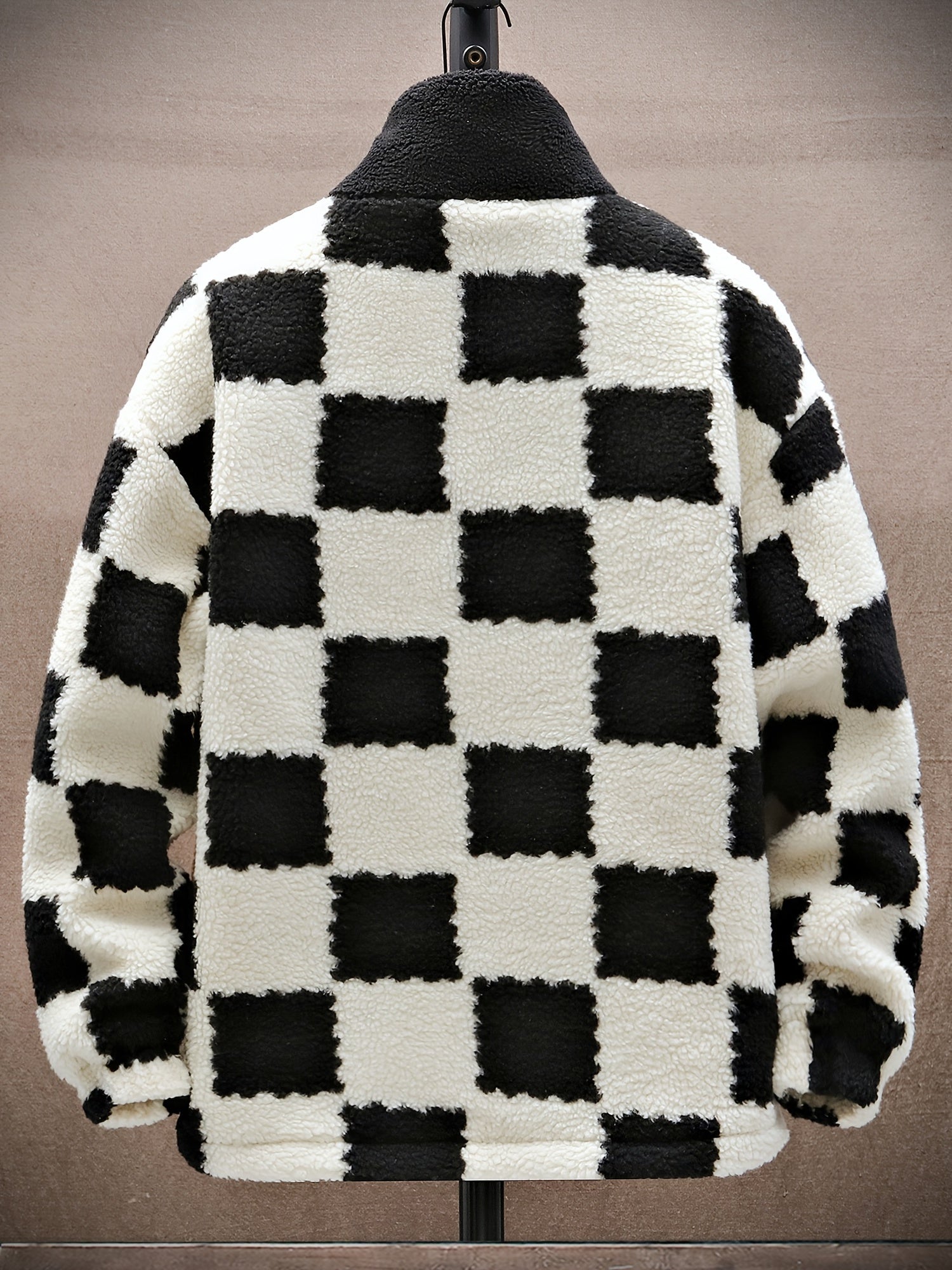 Men's Cold - Weather Jacket, Loose Stand - Up Collar Jacket with Checkerboard Color - Block Patchwork Design, Suitable for Daily Commuting, Campus Wear, and Weekend Shopping, Warm and Soft, Loose Fit for a Slimming Effect, Stylish and Versatile - veyora