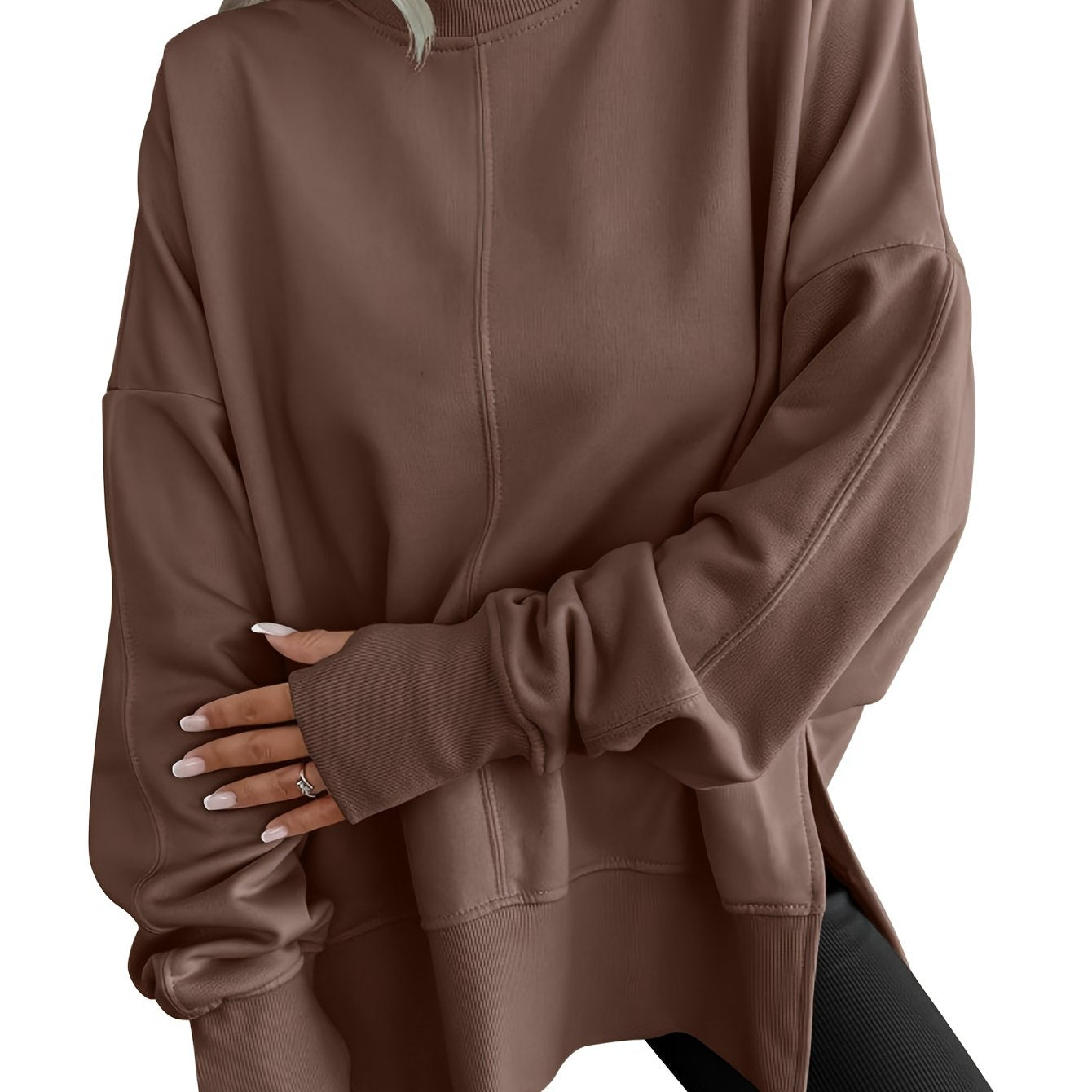 Casual Women'S Hoodie Featuring a Loose Fit, Side Slits, Round Neckline, Batwing Sleeves, And a Velvet Material - veyora