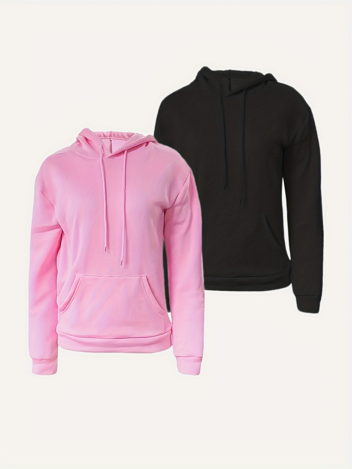 2Pcs Women's Solid Color Hoodies - Cozy Polyester Blend, Long Sleeve with Pockets Women's Tops, Machine Washable - Perfect for Fall & Winter - veyora