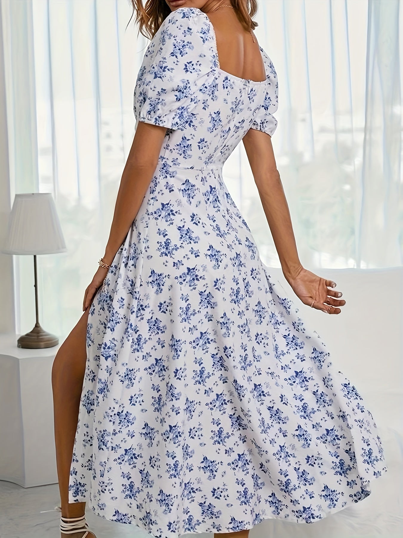 Elegant Floral Puff Sleeve Dress - Lightweight, Split Hem A-line for Spring & Summer Occasions