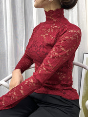 Lace Mock Neck Slim Top, Sexy Long Sleeve Top For Spring & Fall, Women's Clothing - veyora