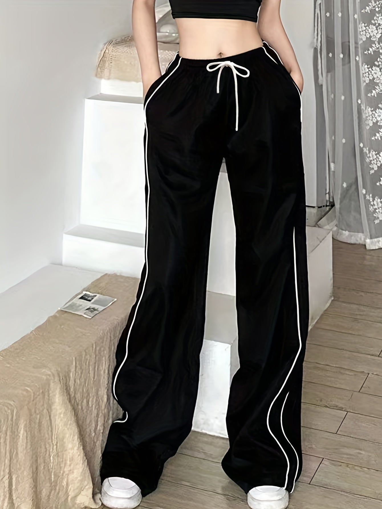 Contrast Binding Drawstring Waist Pants, Y2K Slant Pocket Baggy Pants, Women's Clothing - veyora
