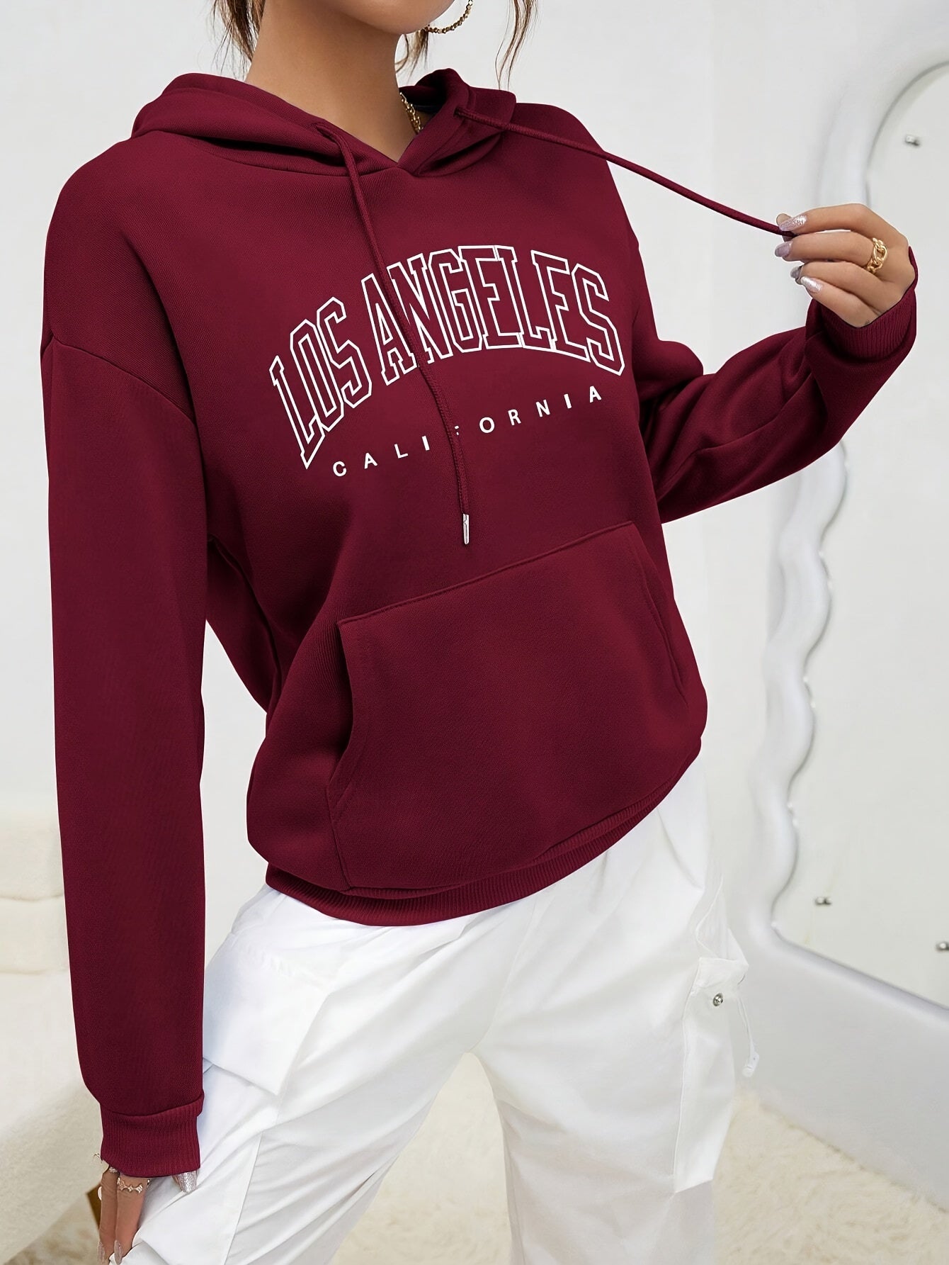 Burgundy Letter Printed Kangaroo Pocket Hoodie, Casual Long Sleeve Drawstring Sweatshirt, Women'S Clothing - veyora
