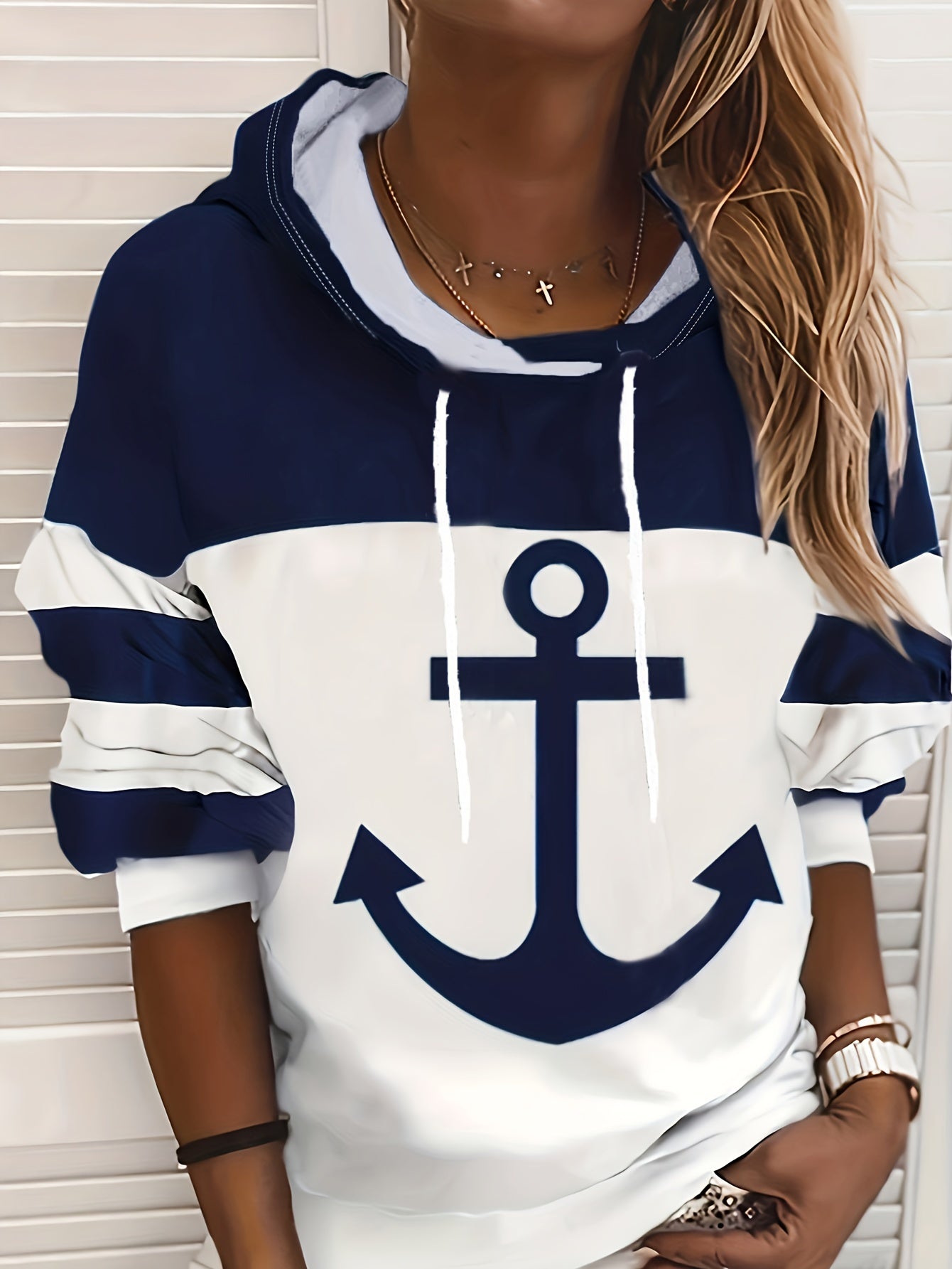 Anchor Print Drawstring Hoodies, Casual Color Block Long Sleeve Sweatshirt, Women's Clothing - veyora