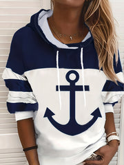 Anchor Print Drawstring Hoodies, Casual Color Block Long Sleeve Sweatshirt, Women's Clothing - veyora