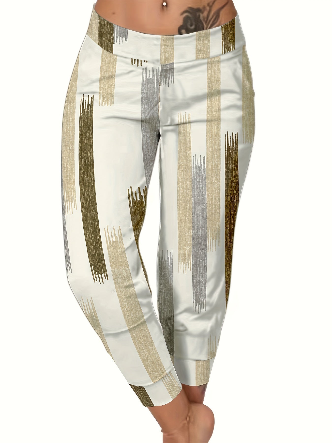 Women's Striped Print Cropped Pants, High Stretch Polyester and Elastane Blend, Machine Washable - Spring/Autumn, Casual, 9 - inch - veyora