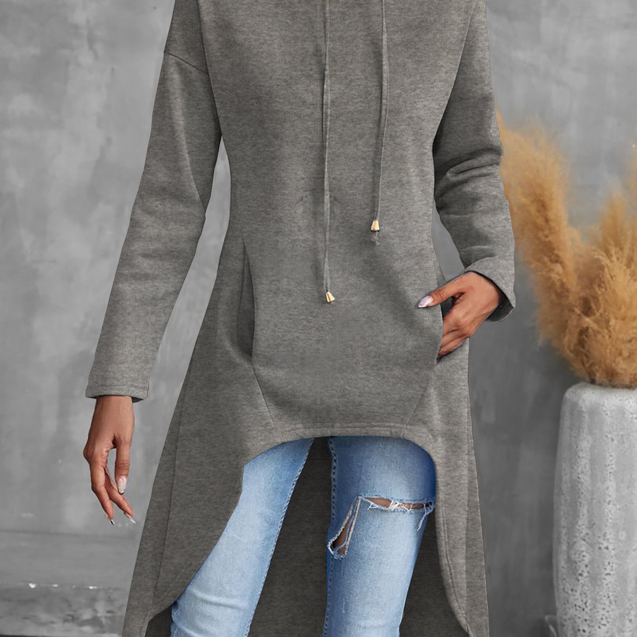 Solid Color Hig - low Hoodie, Casual Long Sleeve Drawstring Hoodie Sweatshirt, Women's Clothing - veyora