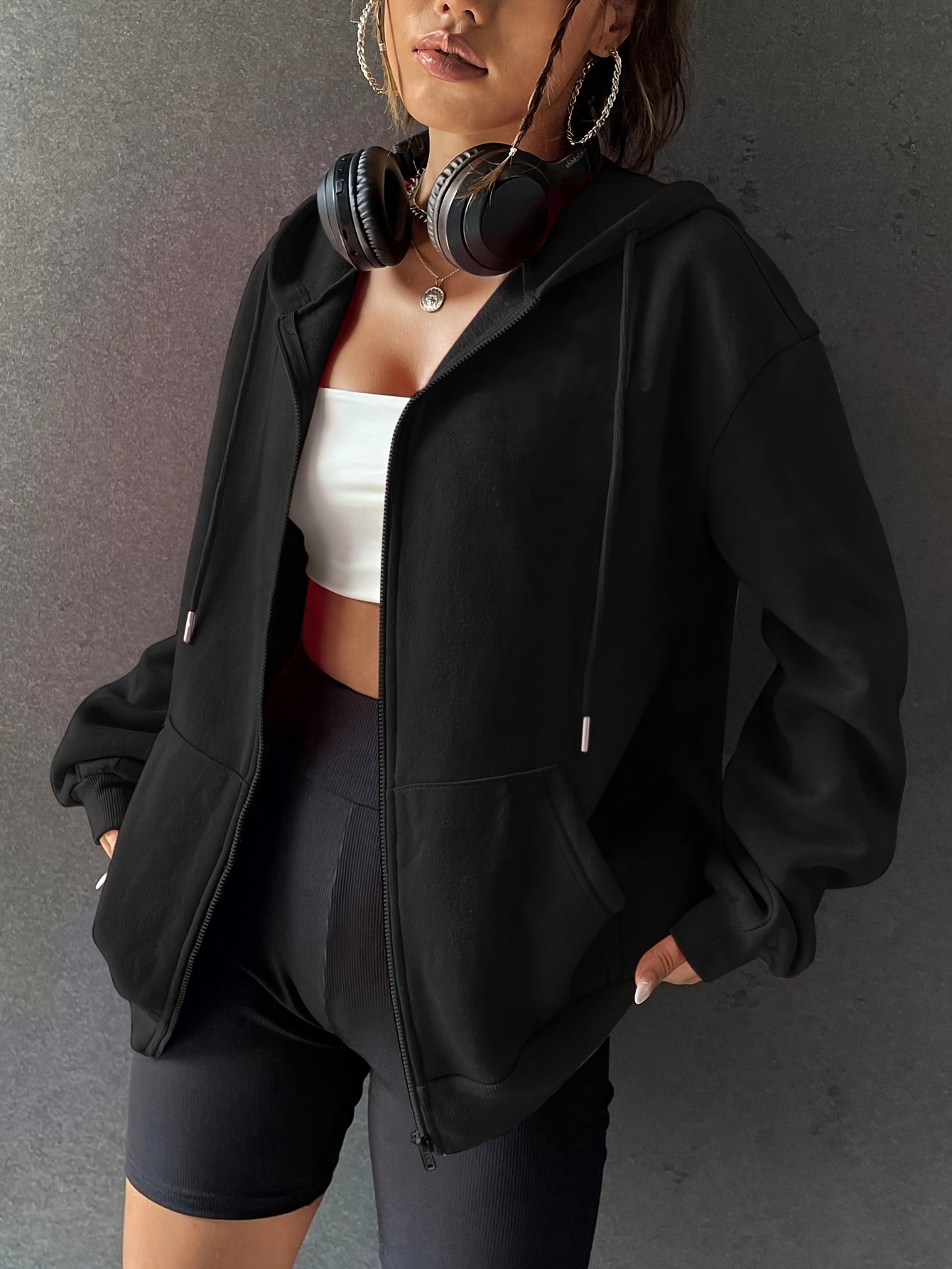 Women's Fashionable Versatile Autumn/Winter Solid Color Zipper Hooded Sweatshirt, - Lined and Thickened with Kangaroo Pocket, Casual Sporty Cardigan Top - veyora