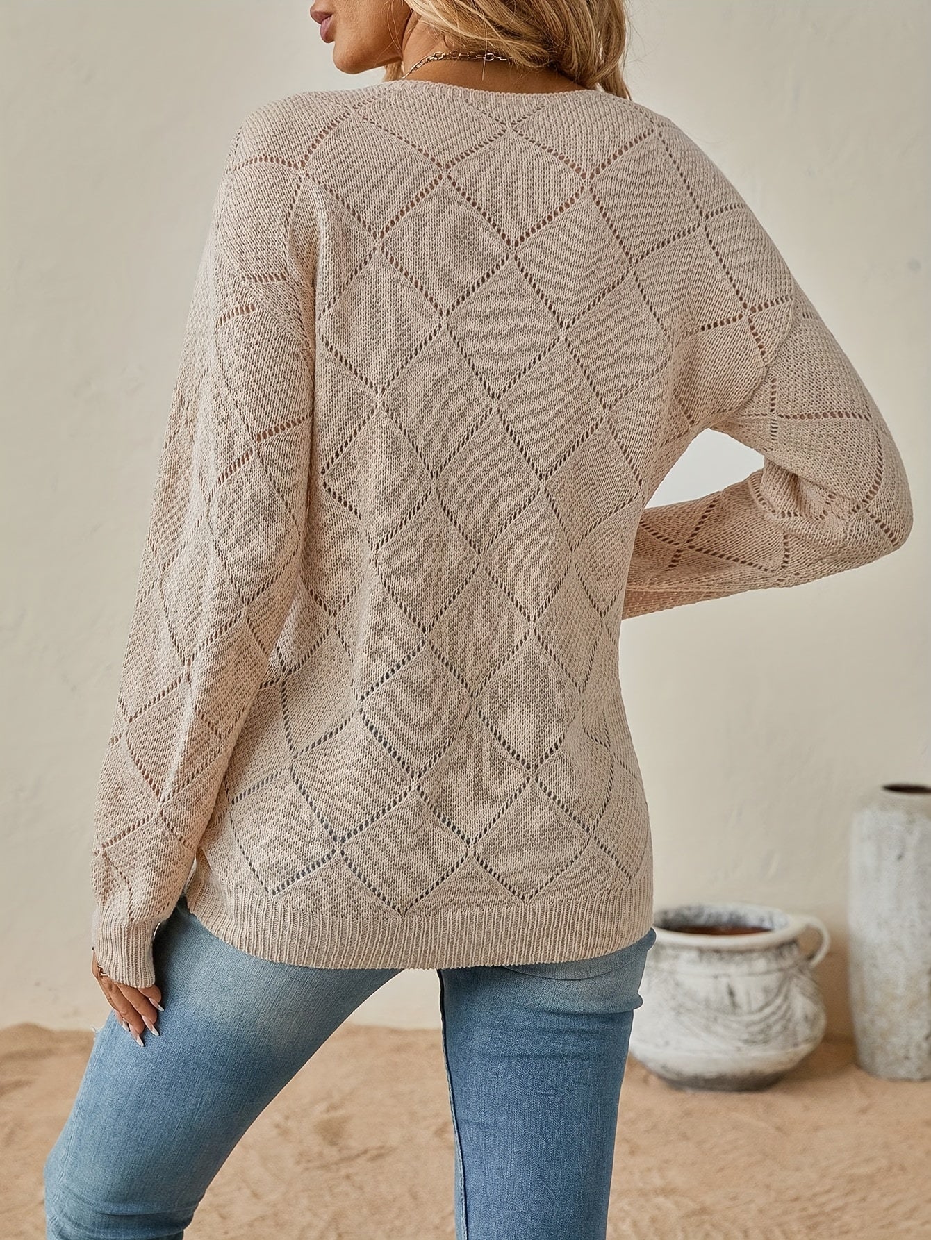 Cozy Solid Color V Neck Pullover Sweater - Soft Micro Elasticity, Ripped Details, Drop Shoulder, Long Sleeve, Semi-Sheer, Loose Fit - Perfect for Casual Spring & Fall Wear, Womens Clothing