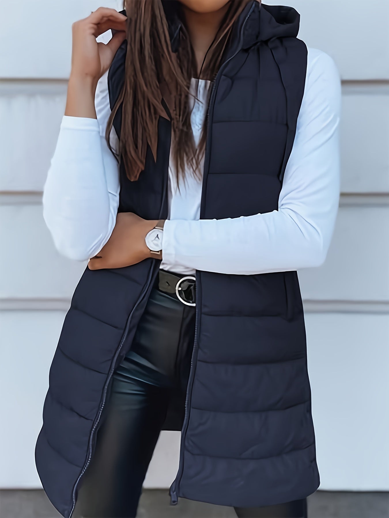 Warm Thickened 100% Polyester Hooded Puffer Vest - Women's Elegant Solid Color All-Season Coat - Lightweight 1g/m² Fabric Woven Weave Adult Outerwear