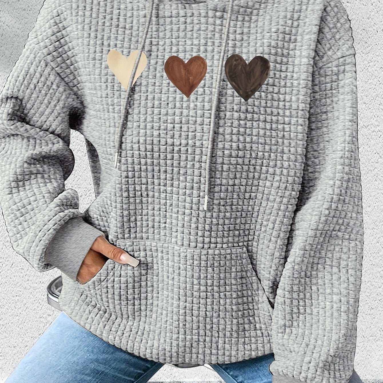 Women'S Long - Sleeve Hoodie with a Waffle Texture Featuring a Repeated Heart Pattern - veyora