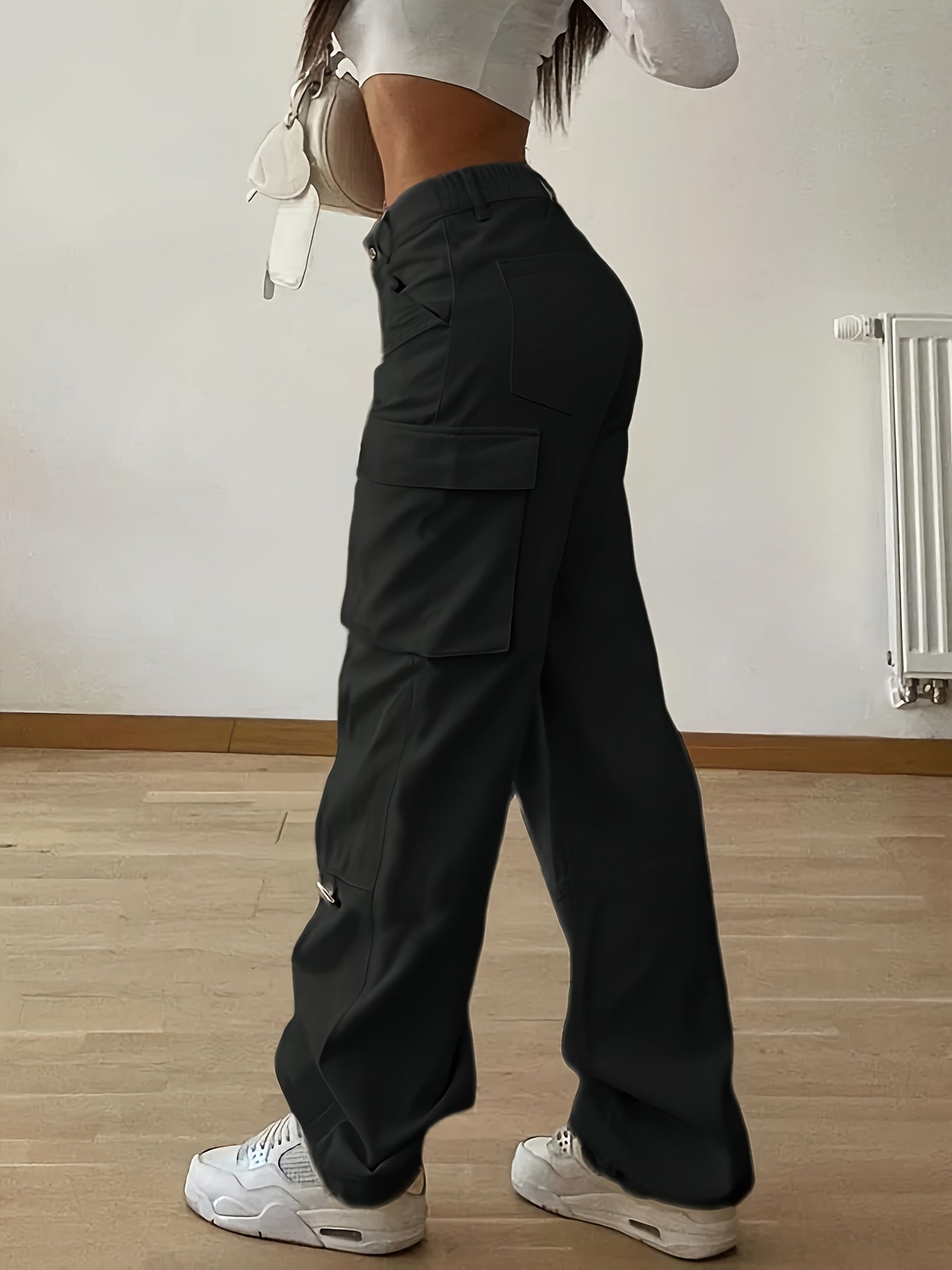 Designer Cargo Pants with Flap Pockets, Women's Elegant Casual K2Y Solid Color Trousers, Women's Pants - veyora