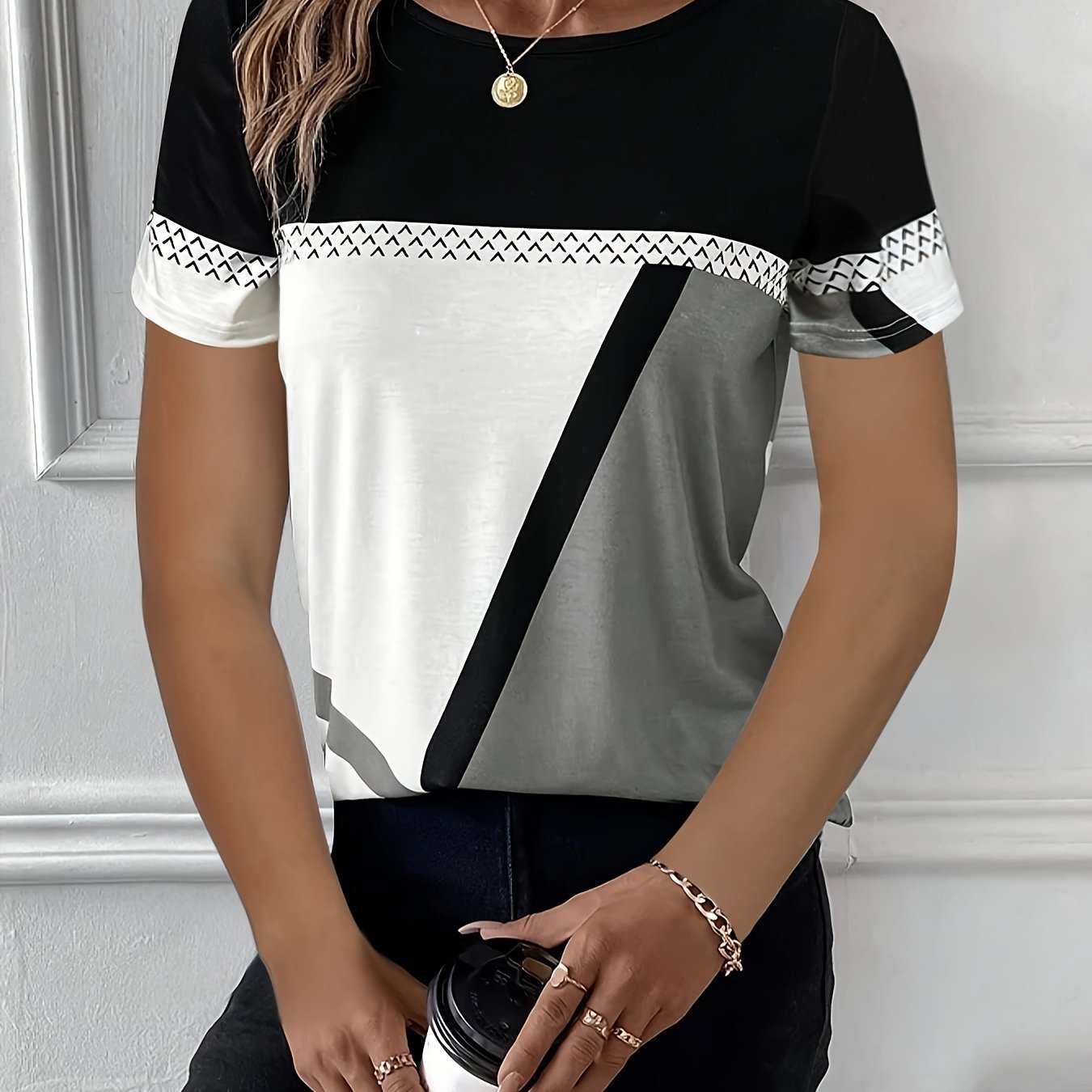 Women's Autumn New Print Pullover Round Neck Short Sleeve Casual Top for Cross - Border E - commerce - veyora