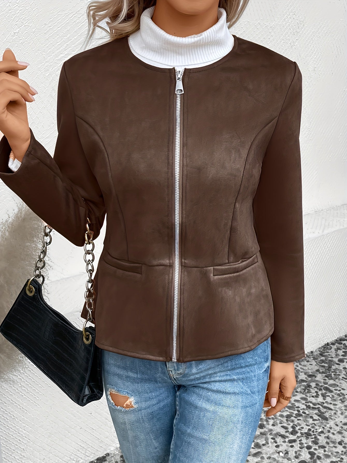 Ladies Fashion Round Neck Slim Top Long Sleeve Access Control Zipper Cardigan Cropped Jacket - veyora