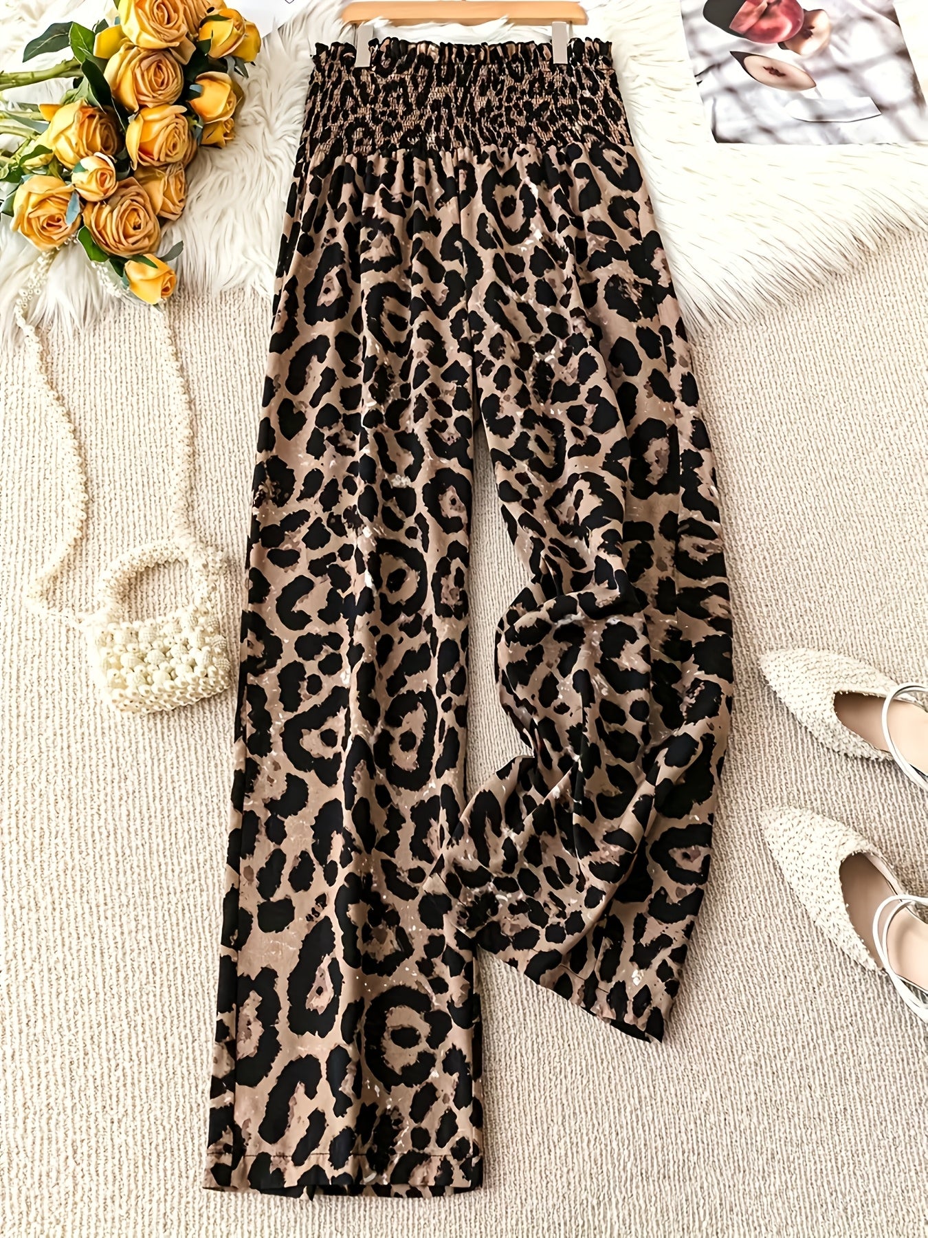 1pc Leopard Print Wide Leg Pants for Women - Casual Loose Fit Elastic Waist Long Trousers, Polyester Woven Fabric, Shirred Detail, Perfect for Weekend Wear - Spring/Summer/Fall Collection - veyora