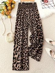 1pc Leopard Print Wide Leg Pants for Women - Casual Loose Fit Elastic Waist Long Trousers, Polyester Woven Fabric, Shirred Detail, Perfect for Weekend Wear - Spring/Summer/Fall Collection - veyora