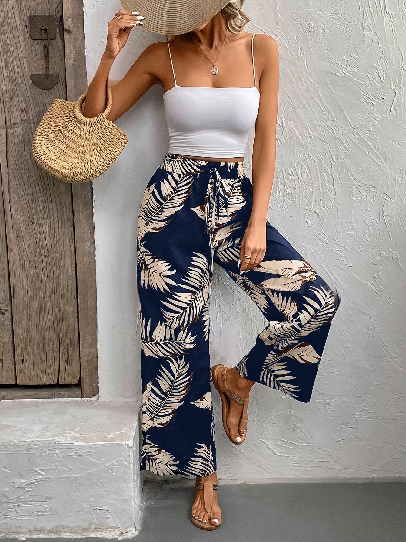 Floral Print Fake Drawstring Waist Wide Leg Pants, Casual & Versatile High Waist Pants For Spring & Summer, Women's Clothing - veyora
