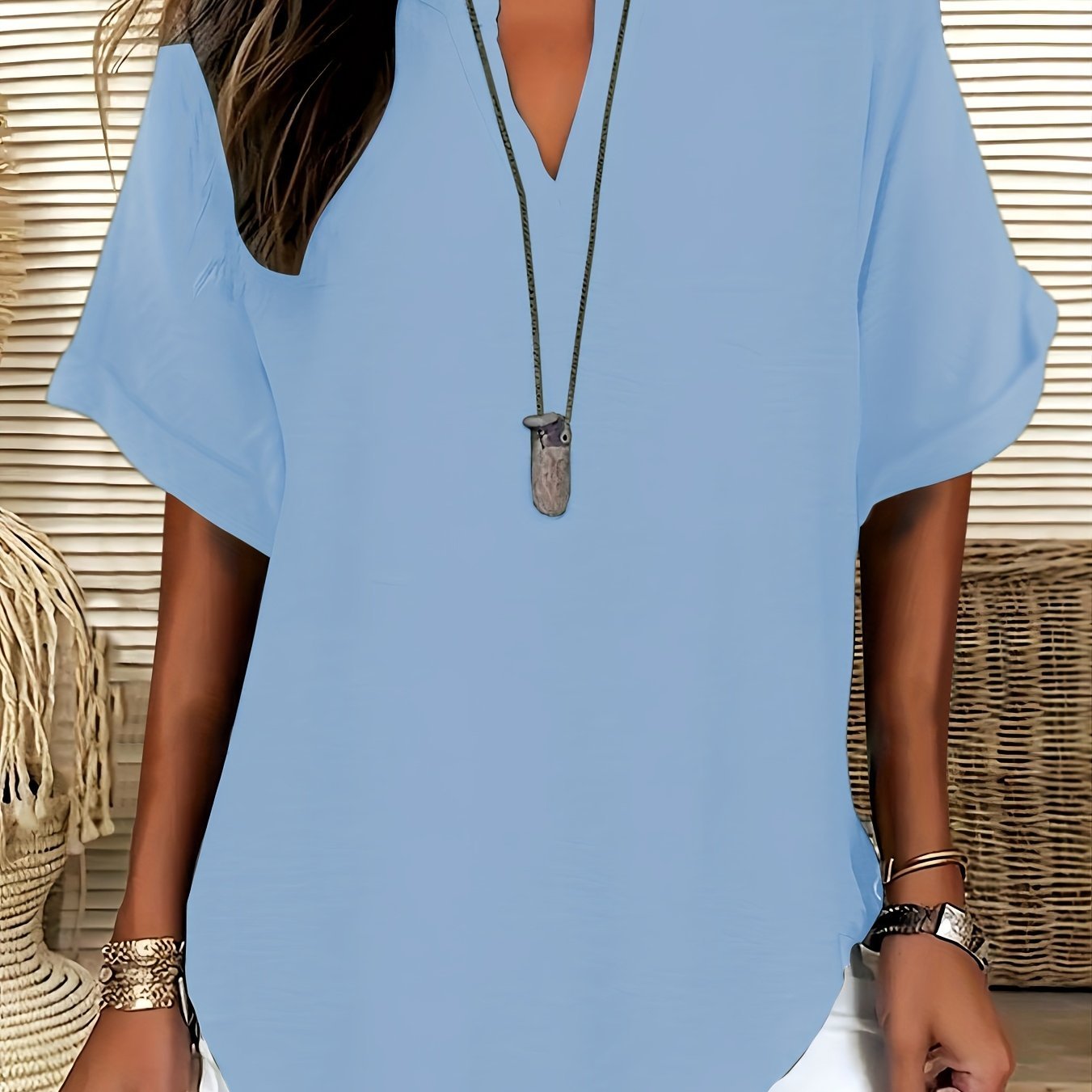 Women's V - neck Drop Shoulder Sleeves Solid Color Loose Short Sleeve Shirt Top - veyora