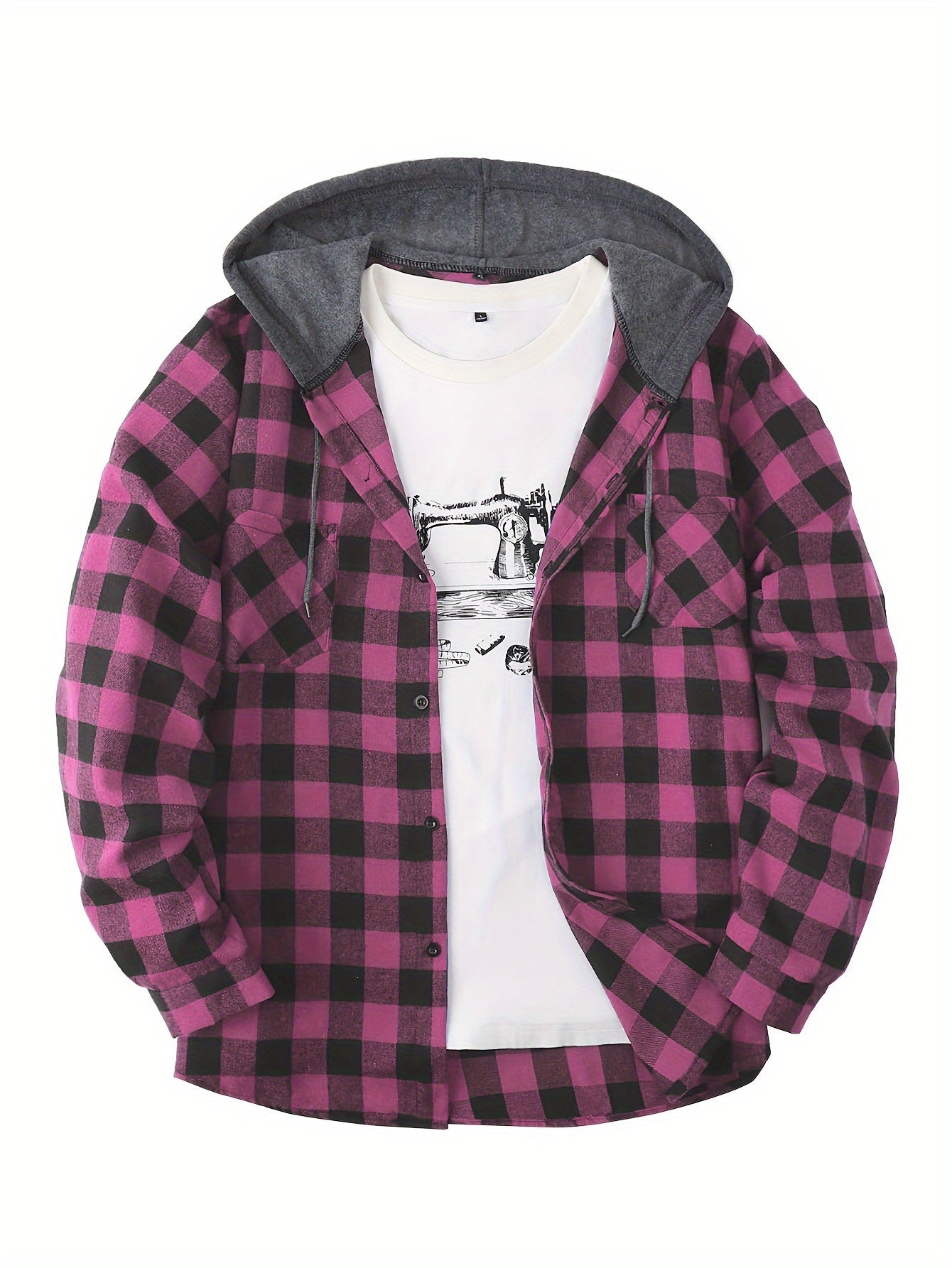 Men's Plaid Hooded Shirt Coat, Long Sleeve, Button Up, Casual Fit - veyora