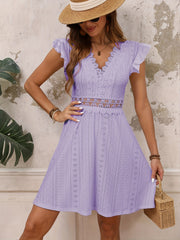[Elegant Summer V-Neck Dress] Lightweight Elegant V-Neck A-Line Dress - Solid Color with Contrast Lace Detail, Butterfly Sleeves, Knit Polyester Fabric, 120g/m², 5% Elastic - Women's Summer Casual Wear