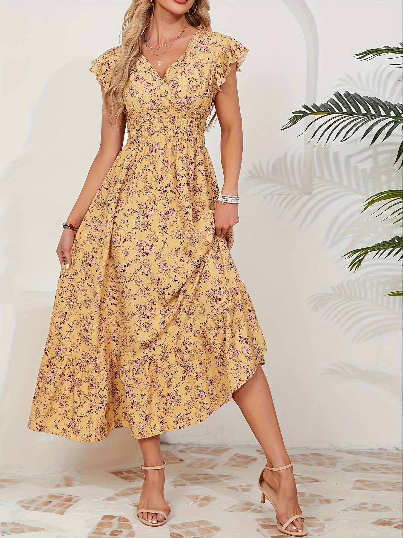 Vacation-Themed Floral Waist-Tied Dress