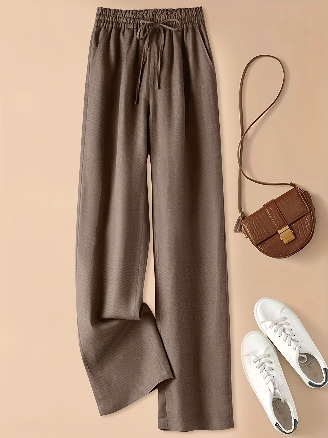 Vintage - style Loose - fitting Thin - linen Wide - leg Pants for Women, Versatile with Elastic High Waist and Drawstring,, Artistic, Casual, Straight - leg Trousers - veyora