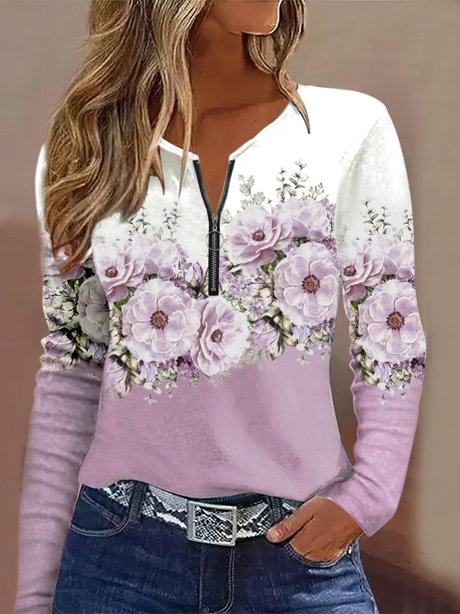 Floral Print V - neck T-Shirt, Casual Zipper Front Color Block Long Sleeve T-Shirt, Women's Clothing - veyora