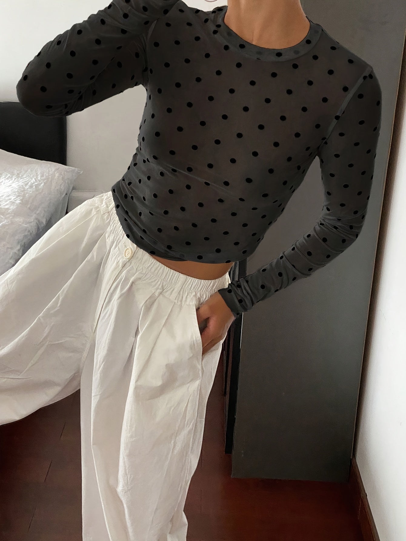 Women'S Mesh Polka Dot Velour T-Shirt - veyora