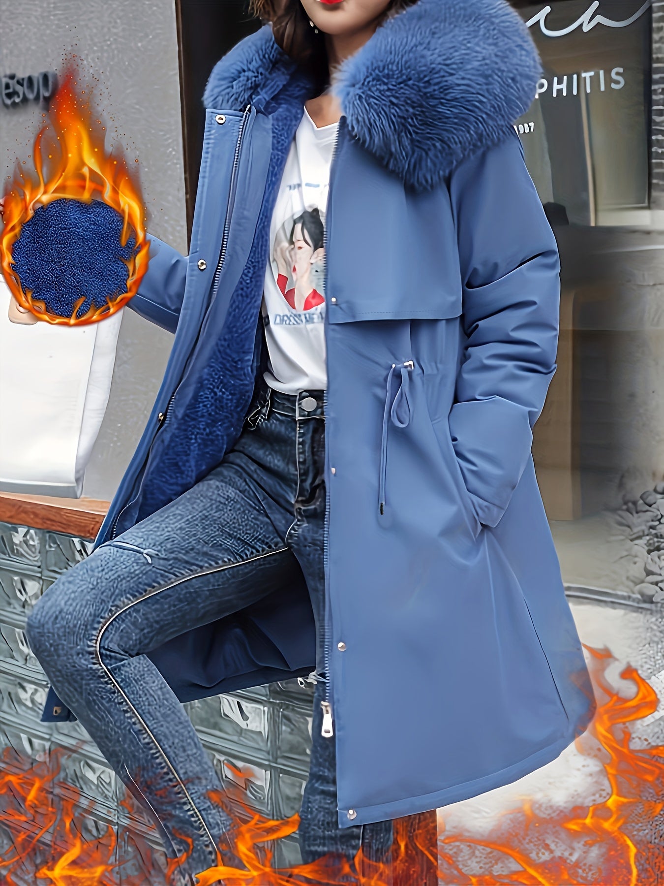 1pc Thick Fleece-Lined Women's Mid-Length Coat with Removable Faux Fur Hood, Drawstring Waist, Long Sleeve, Polyester, Solid Color, Non-Waterproof Winter Parka
