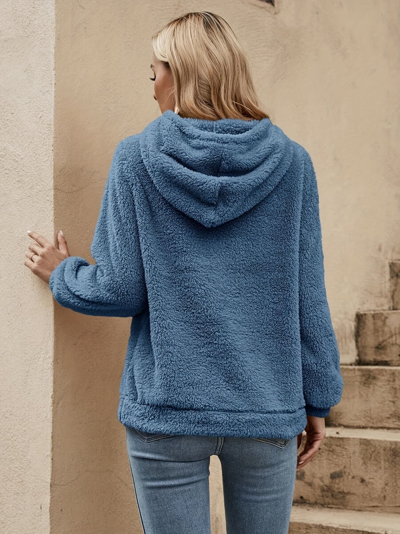 Solid Color Teddy Hoodie, Casual Long - Sleeve Drawstring Sweatshirt, Women'S Clothing - veyora