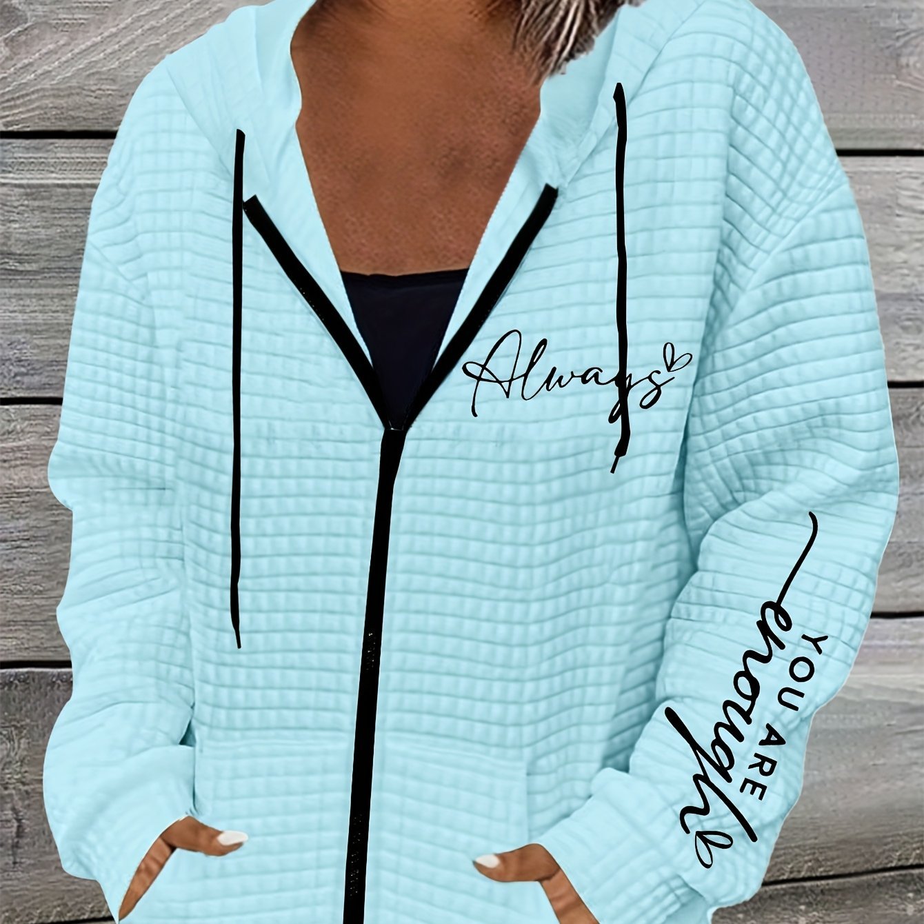 Letter Print Zipper Dual Pockets Hoodie, Casual Long Sleeve Drawstring Hoodies Sweatshirt, Women's Clothing - veyora
