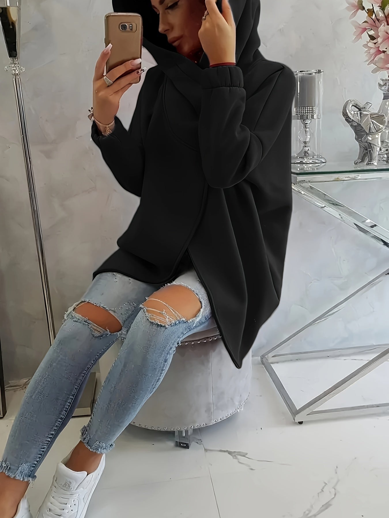 Women'S Hooded Jacket - Long Sleeve Coat with Front Zipper Closure, Lightweight Outerwear for Everyday & Formal Outfits - Spring/Fall Transitional Layering Piece, Spring Fall Clothing, Casual Style, Durable Fabric, Office Wear - veyora
