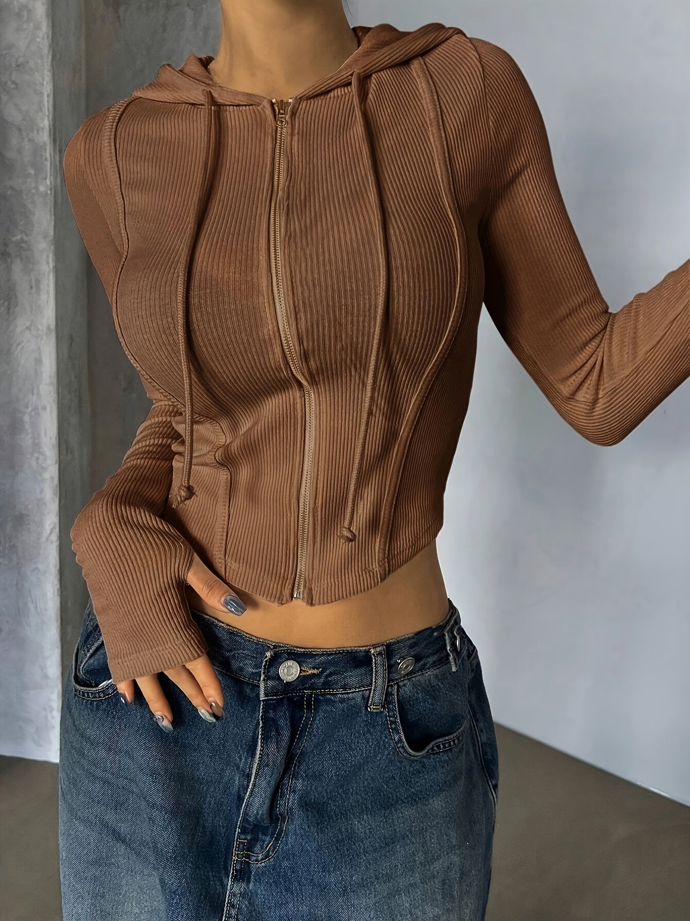 Women'S Casual Zipper Hooded Jacket | Elegant Solid Color, Suitable For Spring/Fall Season - veyora